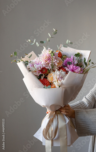 Close-up of a large festive bouquet with chrysanthemum flowers. photo