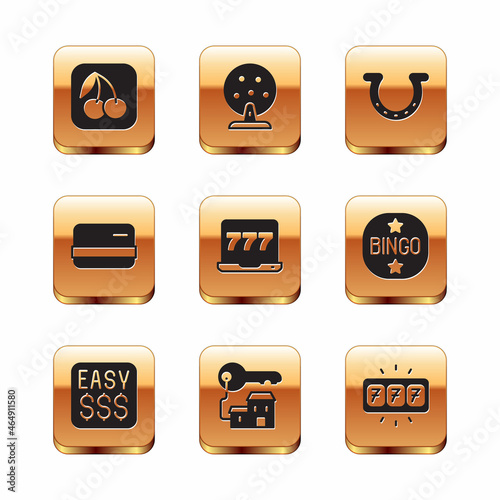 Set Slot machine with cherry, Money prize casino, Winning house key, Laptop and slot, Credit card, Horseshoe, jackpot and Lottery icon. Vector
