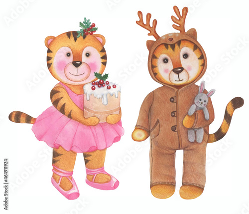 Fototapeta Naklejka Na Ścianę i Meble -  Cute Christmas tigers hand-drawn in watercolor. Christmas card illustration isolated on white background. Winter holiday. New year 2022 symbol