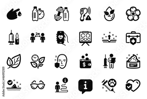 Vector Set of Healthcare icons related to Leaf, Social distancing and Vision board icons. Health app, Organic product and Face protection signs. Leaves, Natural linen and Fitness water. Vector