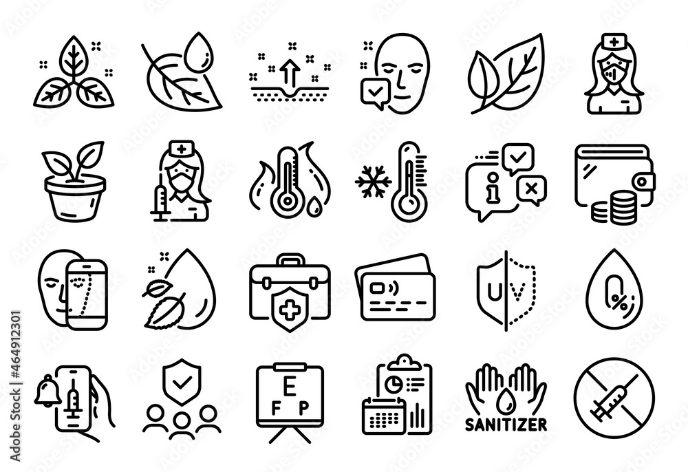 Vector set of Leaf dew, Uv protection and Face biometrics line icons set. Calendar report, Money wallet and Credit card tag. People insurance, Clean skin and Face accepted icons. Vector