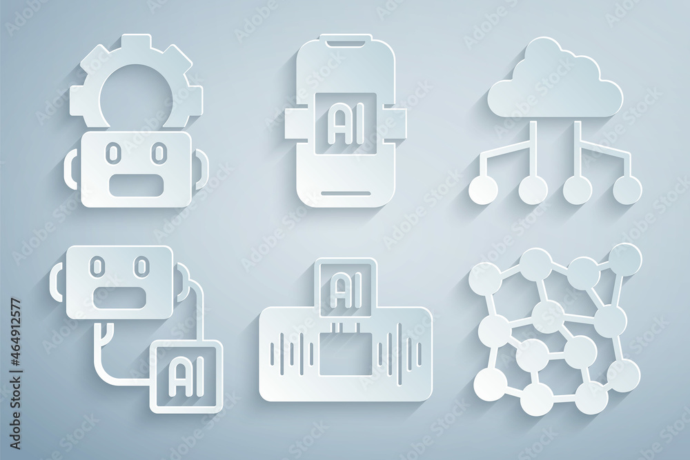 Set Artificial intelligence AI, Network cloud connection, robot, Neural network, and Robot setting icon. Vector Set Artificial intelligence AI, Network cloud connection, robot, Neural network, and Robot setting icon. Vector