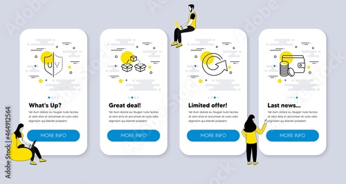 Vector Set of line icons related to Reload, Parcel shipping and Uv protection icons. UI phone app screens with people. Payment method line symbols. Update, Send box, Ultraviolet. Vector