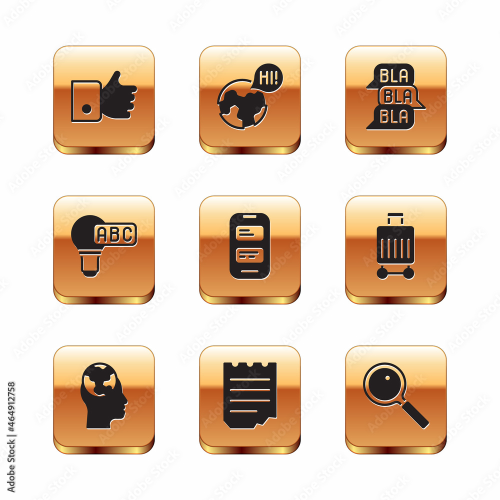 Set Hand like, Learning foreign languages, Notebook, Online translator, Creative lamp light idea, Speech bubble chat, Magnifying glass and icon. Vector Set Hand like, Learning foreign languages, Notebook, Online translator, Creative lamp light idea, Speech bubble chat, Magnifying glass and icon. Vector