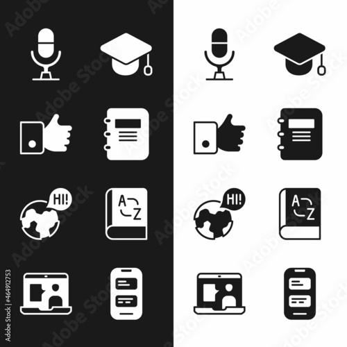 Set Notebook, Hand like, Microphone voice device, Graduation cap, Learning foreign languages, Translator, Online translator and Foreign online study icon. Vector