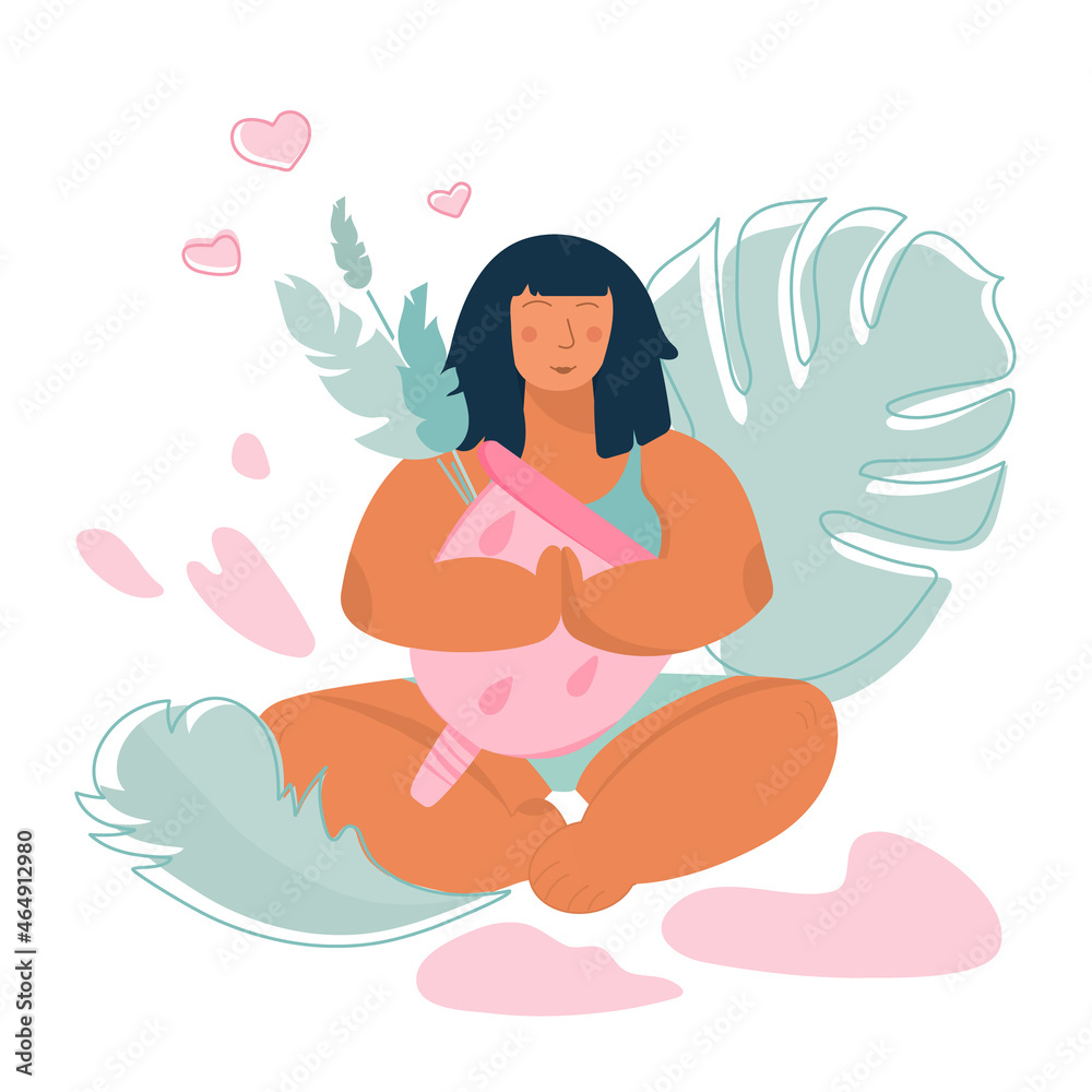 Concept vector with body positive girl on menstrual cup. The menstrual period cycle or PMS is NORMAL Concept vector with body positive girl on menstrual cup. The menstrual period cycle or PMS is NORMAL