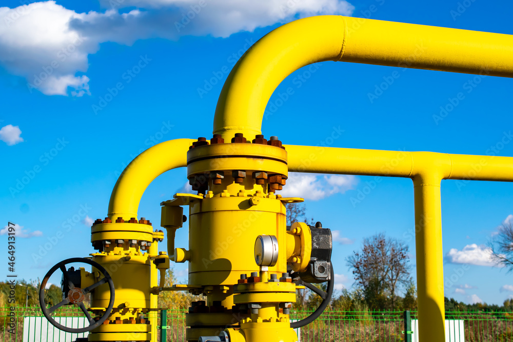 natural gas installation, yellow pipes and valves natural gas installation, yellow pipes and valves