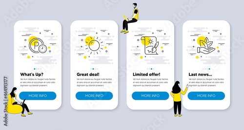 Vector Set of line icons related to Parking time, Sun energy and Creative painting icons. UI phone app screens with people. Organic product line symbols. Park clock, Solar power, Graphic art. Vector