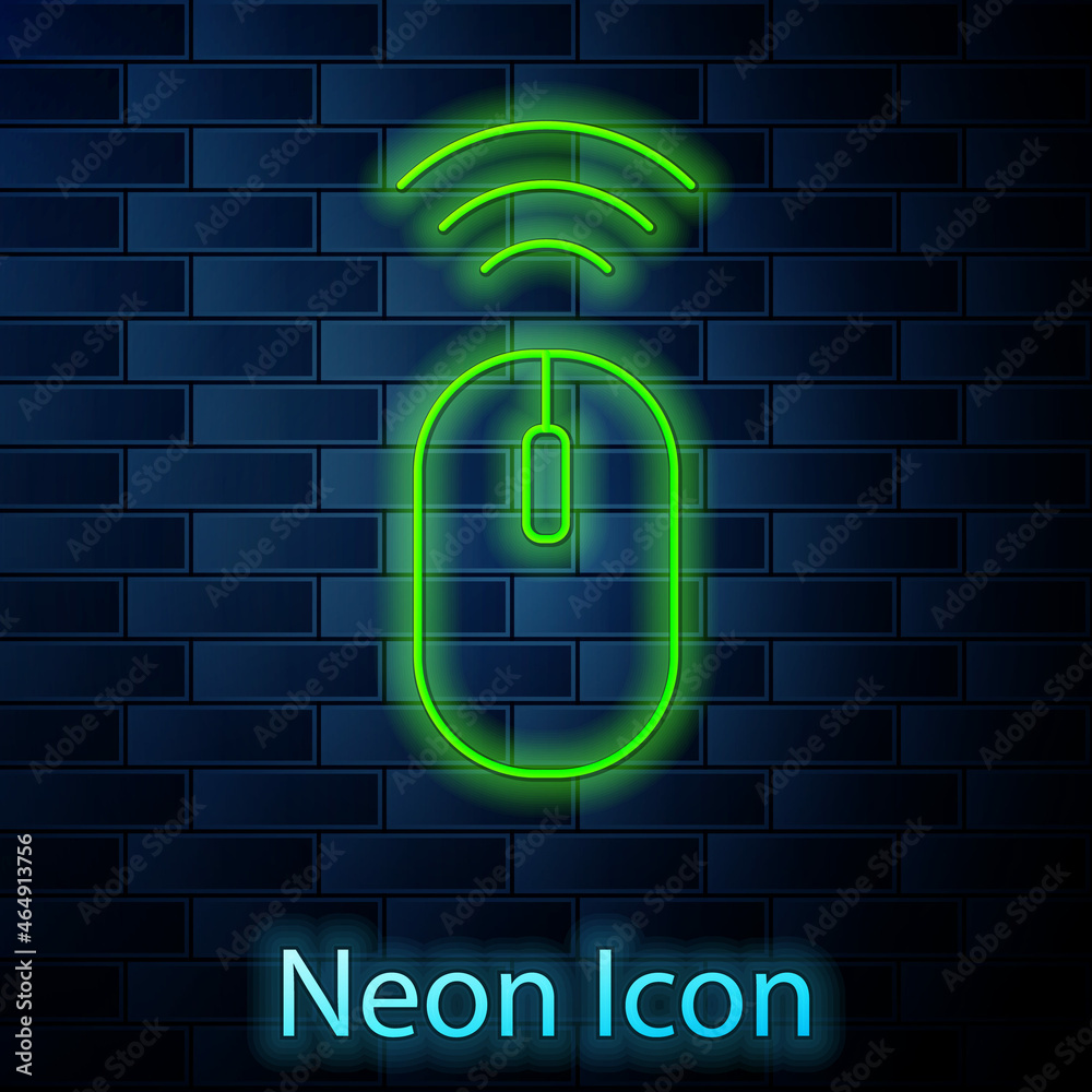 Glowing neon line Wireless computer mouse system icon isolated on brick wall background. Internet of things concept with wireless connection. Vector Glowing neon line Wireless computer mouse system icon isolated on brick wall background. Internet of things concept with wireless connection. Vector
