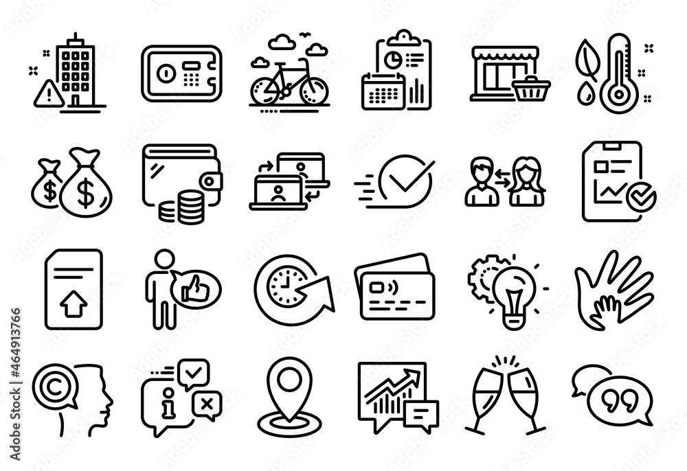 Vector set of Accounting, Upload file and Social responsibility line icons set. Calendar report, Money wallet and Credit card tag. Bike rental, Safe box and Thermometer icons. Vector