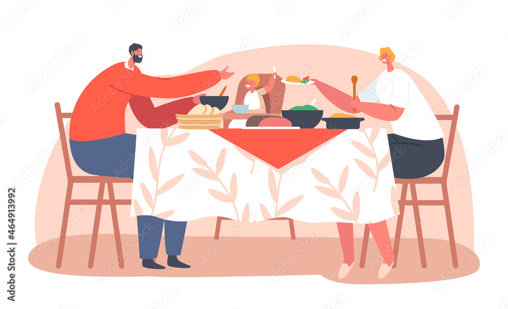 Happy Family of Father, Mother and Little Baby Sitting on High Stool Having Dinner Sitting Table with Food on Kitchen