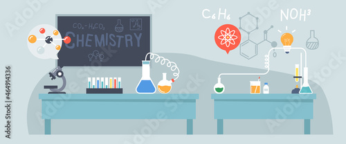 Chemistry Laboratory for Scientific Research, Lab with Science Equipment, Microscope, Chalkboard, Beakers, Test Tubes