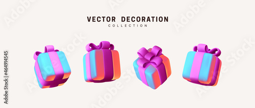 Set of realistic 3d gifts box. Holiday decoration presents. Festive gift surprise. Decor Isolated boxes. Vector illustration