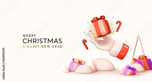 Merry Christmas and Happy New Year. Abstract Realistic 3d design, hand of Santa Claus in palm holding gift box, and candy cane falling. Xmas holiday banner, Advertising Web poster. Vector illustration
