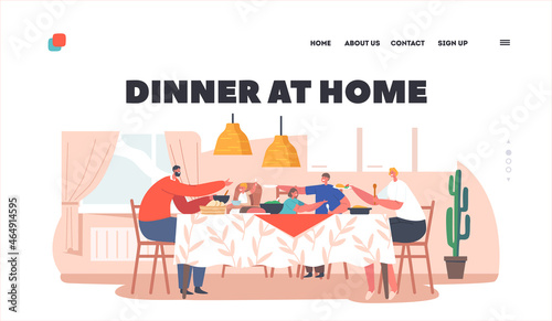Dinner at Home Landing Page Template. Happy Family Characters Mother, Father and Kids at Table with Food, People Eating