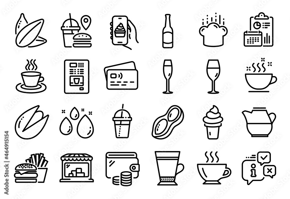 Vector set of Milk jug, Coffee cup and Coffee vending line icons set. Calendar report, Money wallet and Credit card tag. Beer, Wineglass and Peanut icons. Vector