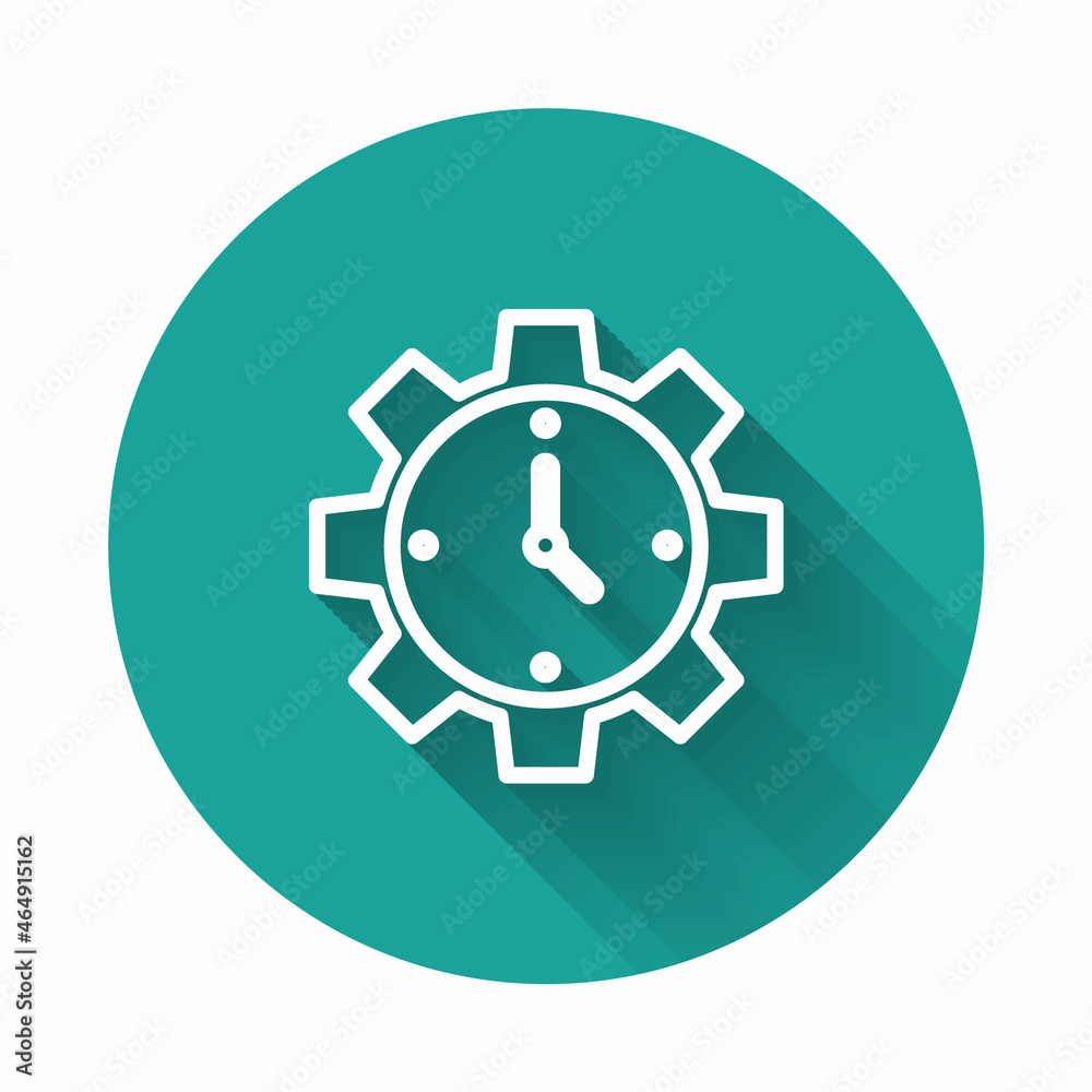White line Time Management icon isolated with long shadow. Clock and gear sign. Productivity symbol. Green circle button. Vector White line Time Management icon isolated with long shadow. Clock and gear sign. Productivity symbol. Green circle button. Vector