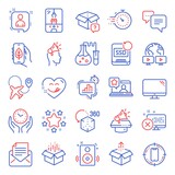 Technology icons set. Included icon as Video conference, Ecology app, Open box signs. Airplane, Brand ambassador, Online rating symbols. Augmented reality, Send box, Chemistry lab. Stars. Vector