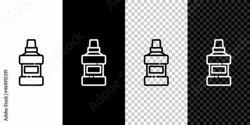 Set line Mouthwash plastic bottle and glass icon isolated on black and white background. Liquid for rinsing mouth. Oralcare equipment. Vector