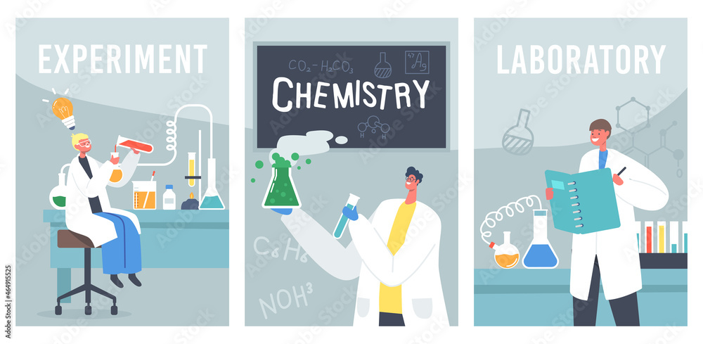Kids Working and Experimenting Chemistry Laboratory Banners. Children Characters Study in Classroom with Test Tubes