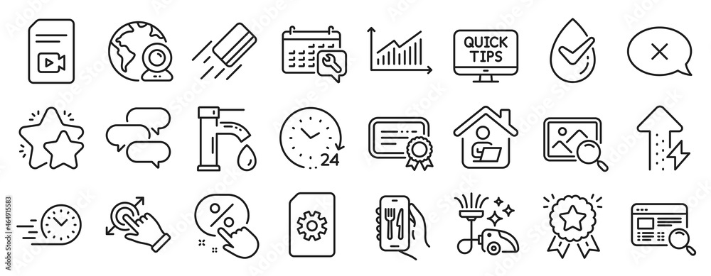 Set of Technology icons, such as Graph, Work home, Fast delivery icons. Credit card, Ranking star, 24 hours signs. Website search, Spanner, Discount button. Restaurant app, Tap water, Star. Vector