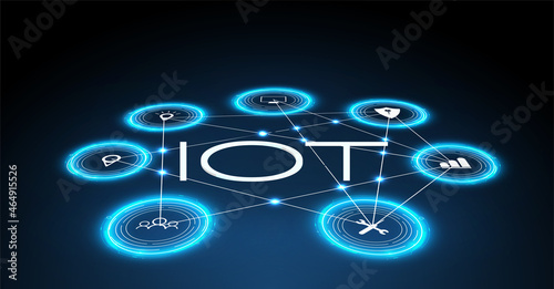 Internet of things (IoT) and networking concept for connected devices.  The concept of connecting devices via wireless IOT communication. Icons of various devices on a blue