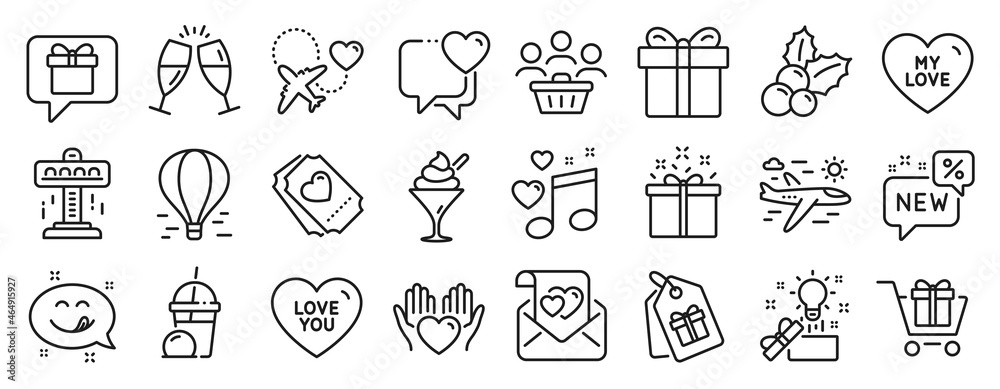 Set of Holidays icons, such as Buyers, Ice cream milkshake, Champagne glasses icons. Attraction, Love music, Christmas holly signs. Honeymoon travel, Ice cream, Wish list. Gift box, New. Vector Set of Holidays icons, such as Buyers, Ice cream milkshake, Champagne glasses icons. Attraction, Love music, Christmas holly signs. Honeymoon travel, Ice cream, Wish list. Gift box, New. Vector
