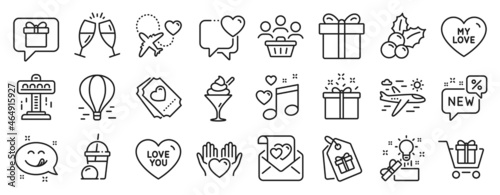 Set of Holidays icons, such as Buyers, Ice cream milkshake, Champagne glasses icons. Attraction, Love music, Christmas holly signs. Honeymoon travel, Ice cream, Wish list. Gift box, New. Vector