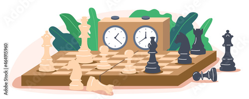 Chequered Chessboard with Black and White Chess Pieces Isolated on White Background. Strategic and Tactics Game