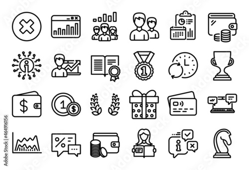 Vector set of Internet chat, Payment method and Update time line icons set. Calendar report, Money wallet and Credit card tag. Teamwork results, Usd coins and Info icons. Vector