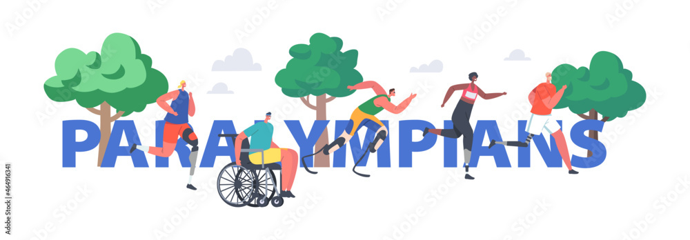 Fototapeta premium Paralympians Concept. Disabled People Run. Athlete Characters Sportsmen and Sportswomen Jog on Wheelchair or Prosthesis
