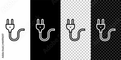 Set line Electric plug icon isolated on black and white background. Concept of connection and disconnection of the electricity. Vector