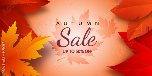 Autumn sale background with bright Realistic yellow, red, orange leaves and advertising discount text decoration. Vector illustration.