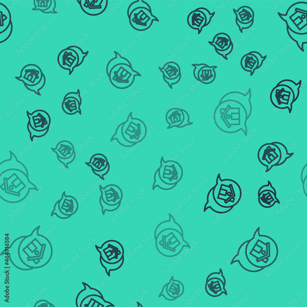 Black line Real estate message house in speech bubble icon isolated seamless pattern on green background. Vector Black line Real estate message house in speech bubble icon isolated seamless pattern on green background. Vector