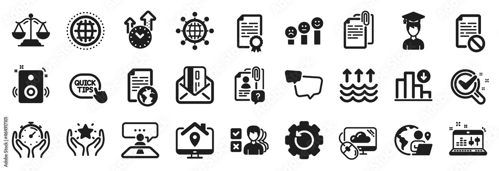 Set of Education icons, such as Certificate diploma, Internet document, Decreasing graph icons. Interview job, Globe, Speech bubble signs. Chemistry lab, Cloud computing, Sound check. Vector