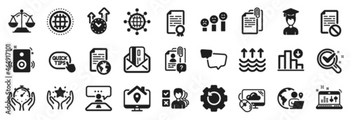 Set of Education icons, such as Certificate diploma, Internet document, Decreasing graph icons. Interview job, Globe, Speech bubble signs. Chemistry lab, Cloud computing, Sound check. Vector