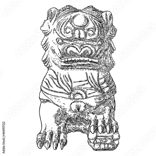 Imperial guardian lion, foo dog or fu dog in western languages and English. Stylized Chinese lion, female with a cub. Protect the building from harmful spiritual influences, threat from people.