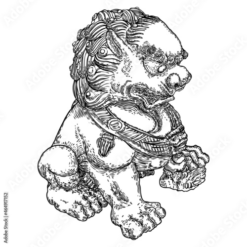 Imperial guardian lion, foo dog or fu dog in western languages and English. Stylized Chinese lion, female with a cub. Protect the building from harmful spiritual influences, threat from people.