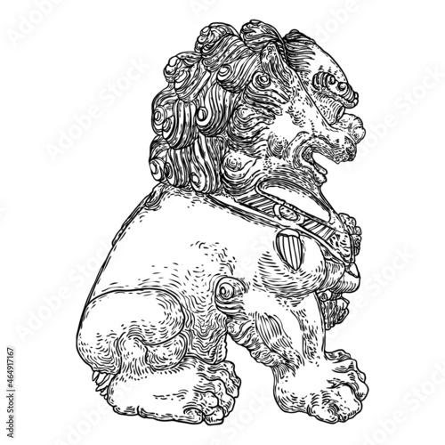 Chinese Imperial guardian lion. Used in palaces and tombs, temples, and the homes for powerful mythic protective benefits. Symbolic at the entrances and doors. Carved from decorative stone. Vector.