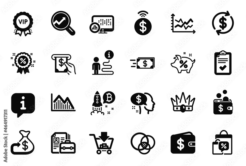 Vector Set of Finance icons related to Diagram chart, Vacancy and Investment graph icons. Crown, Shopping and Sale bags signs. Loan percent, Report statistics and Cashback. Analytics, Pay. Vector