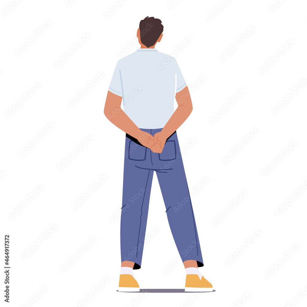 Young Man Back View, Male Character in Polo T-shirt and Jeans Holding Hands Behind. Abstract Person Businessman Rear Young Man Back View, Male Character in Polo T-shirt and Jeans Holding Hands Behind. Abstract Person Businessman Rear