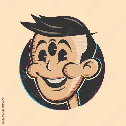 vintage cartoon illustration of a mutant retro guy with three eyes
