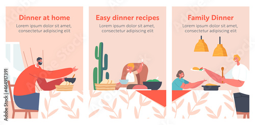 Happy Family Dining Posters. Characters Mother Father and Kids Having Dinner Sit at Table with Food. People Eating Meals