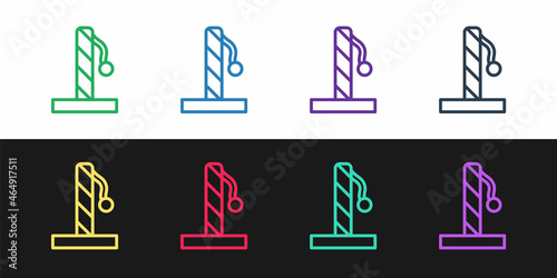 Set line Cat scratching post with toy icon isolated on black and white background. Vector