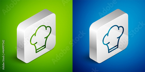 Isometric line Chef hat icon isolated on green and blue background. Cooking symbol. Cooks hat. Silver square button. Vector