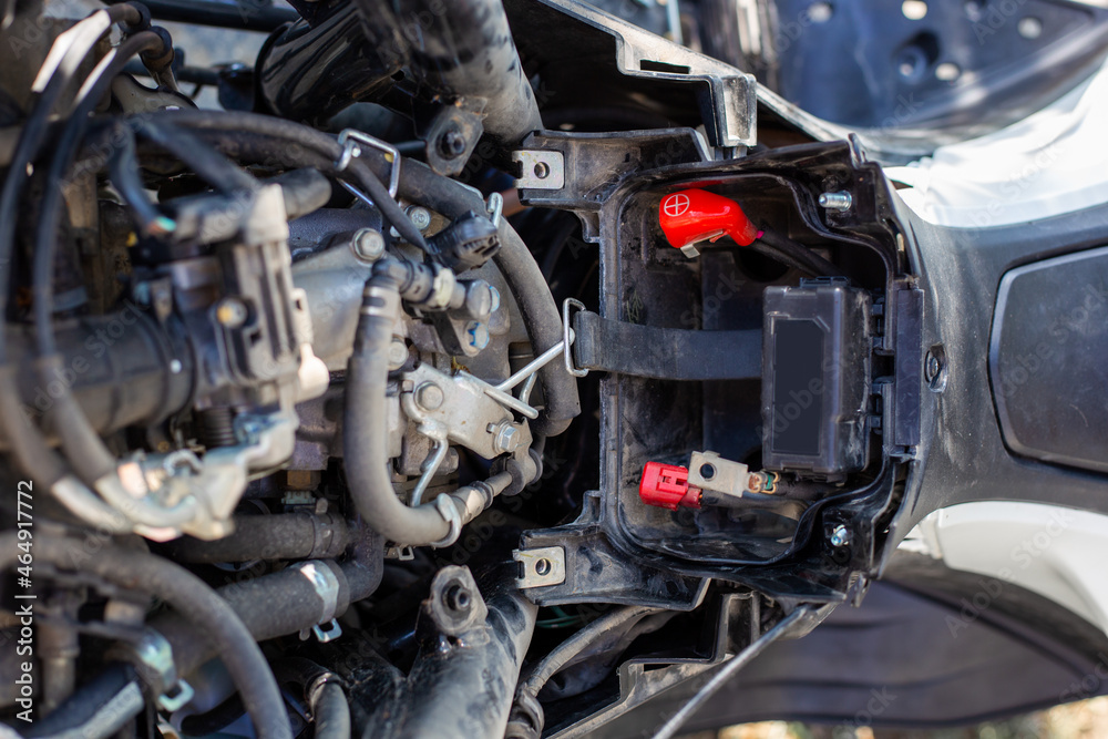 Open motorcycle engine. Repair and service.View from above Open motorcycle engine. Repair and service.View from above