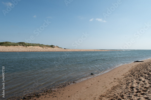 View of Newburgh Seal Beach and River Ythan. Blue sky sunny day. Beach near Aberdeen in Scotland.