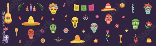 Day of the Dead mexican icons big set. Dia de los Muertos hand drawn design elements. Cinco de Mayo. Skull symbol. Death pattern. Mexico culture holiday poster. Embroidery banner. Vector illustration
