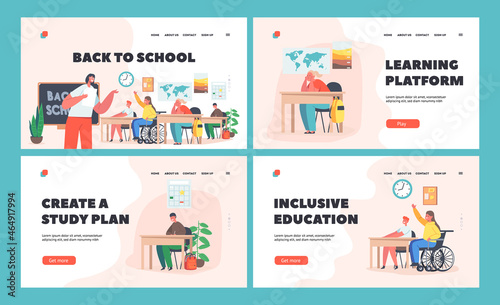 Back to School Landing Page Template Set. Children with Disabilities Study, Handicapped Kids Characters on Lesson