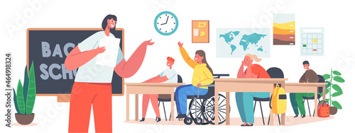 Children with Disabilities Studying in School, Handicapped Education. Kid Characters on Lesson with Teacher in Classroom